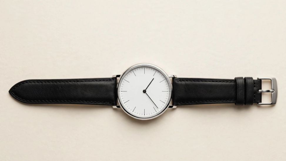 Minimalist silver watch with black leather strap on cream background