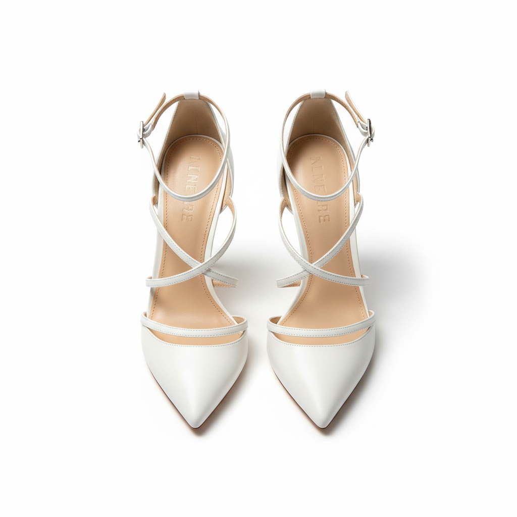 White strappy stiletto heels on white background