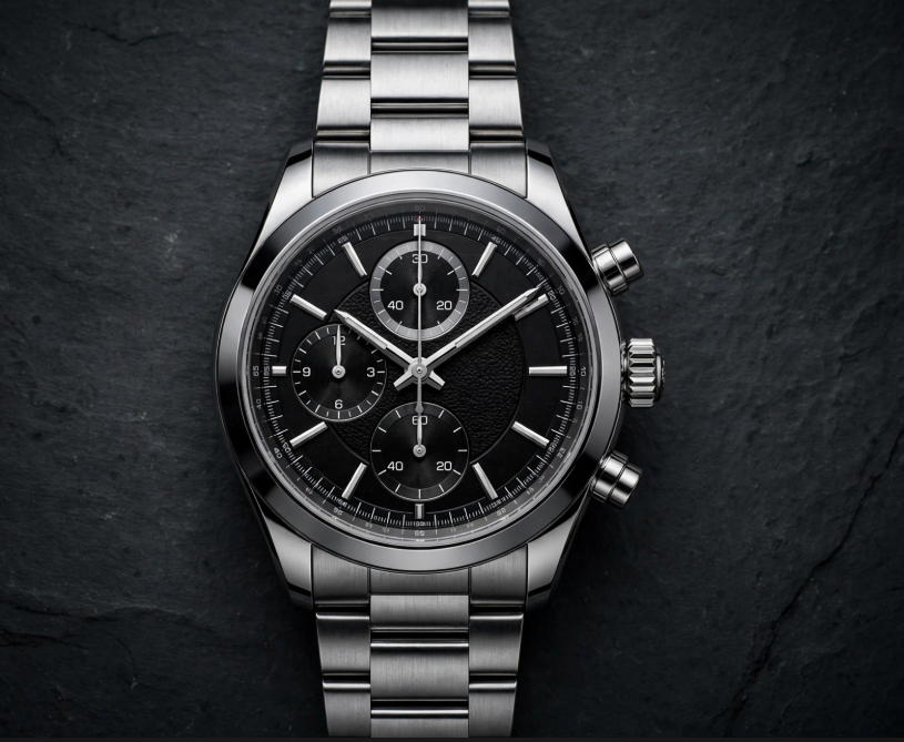 Silver chronograph sports watch with black dial on dark slate background