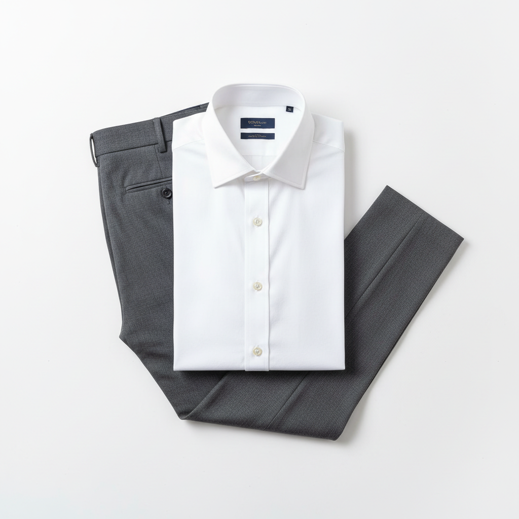 Charcoal slim fit pants and white dress shirt premium flat lay