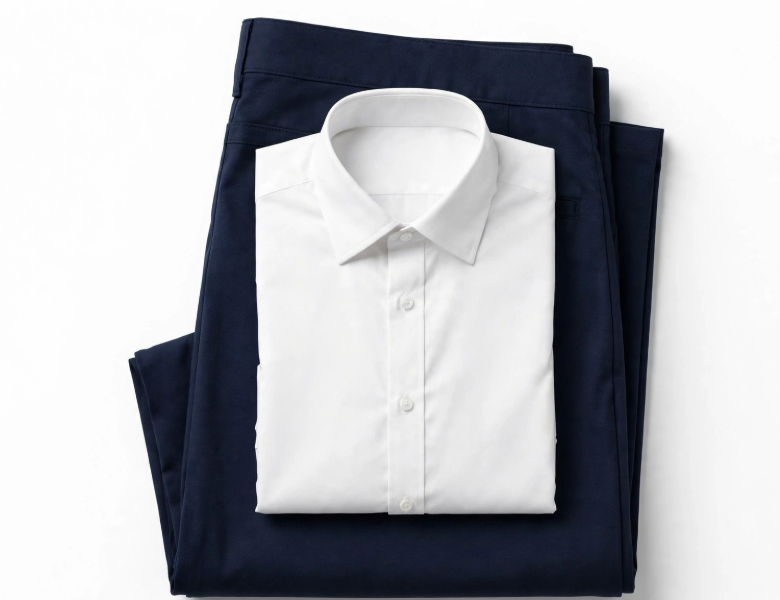 Navy dress pants and white formal shirt folded flat lay