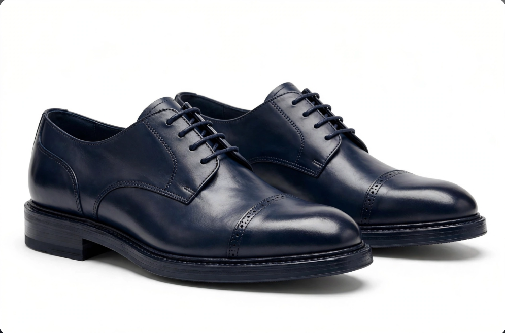 Navy blue leather derby shoes pair on white background