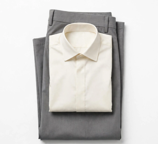 Grey slim fit pants and cream dress shirt folded flat lay
