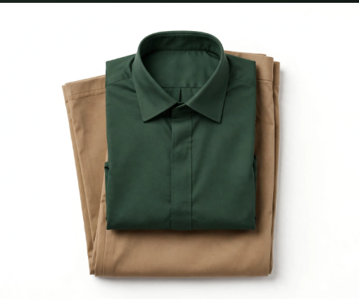 Camel slim fit pants and forest green shirt folded flat lay