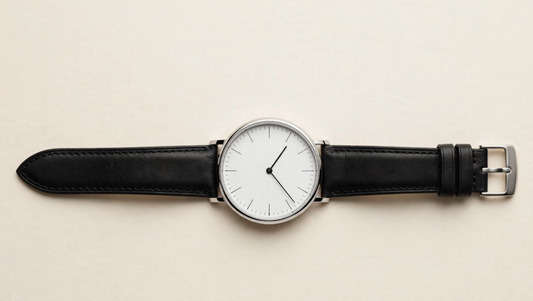 Minimalist silver watch with black leather strap on cream background