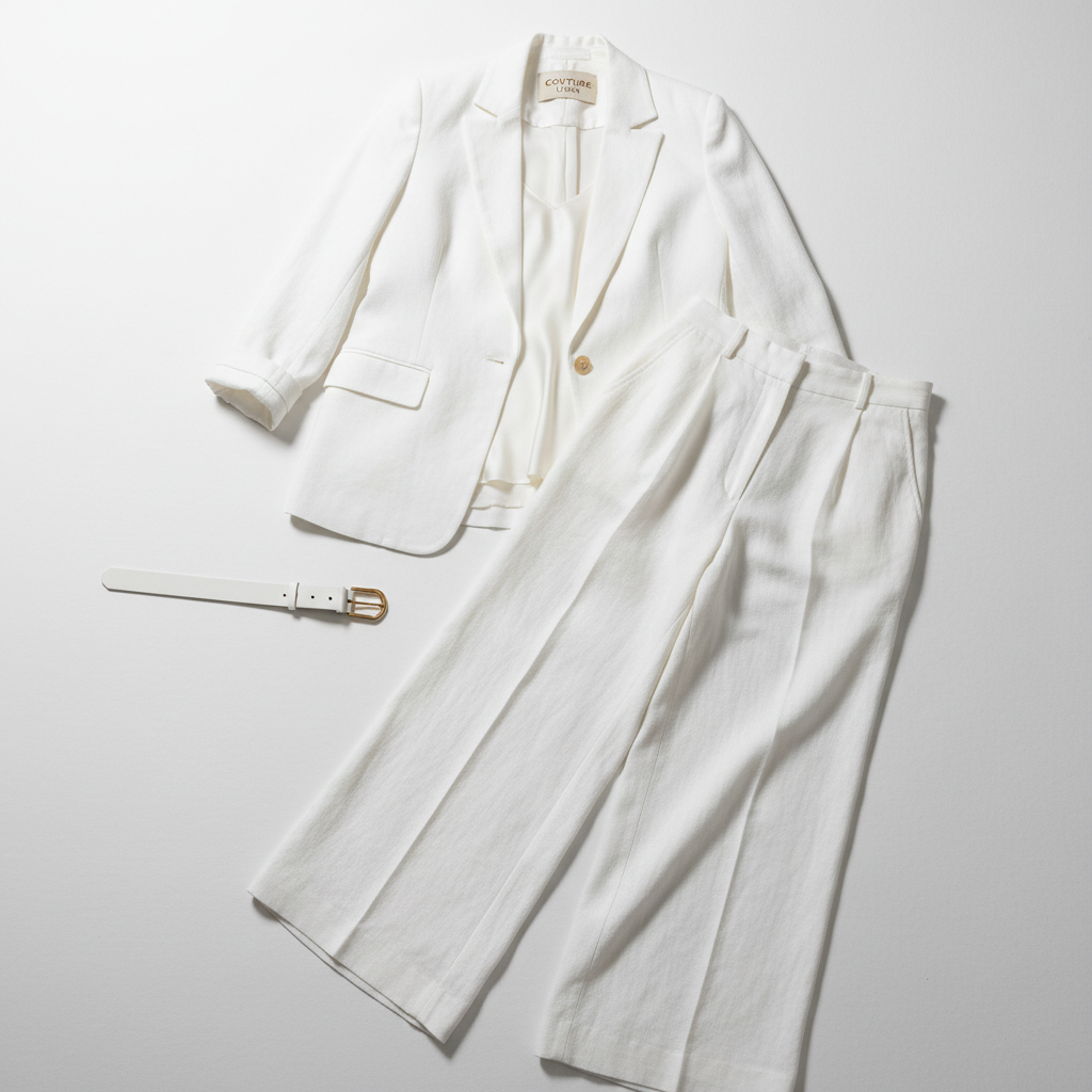 White linen wide-leg co-ord set flat lay on white background