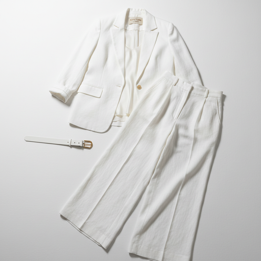 White linen wide-leg co-ord set flat lay on white background