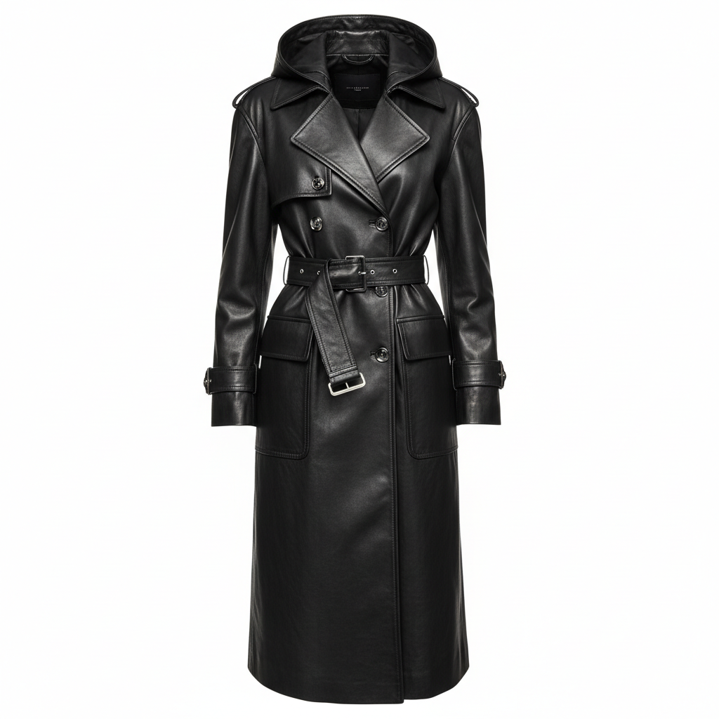 Black urban leather trench coat full view on white background, no model