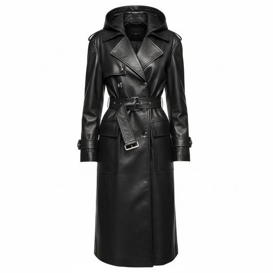 Black urban leather trench coat full view on white background, no model