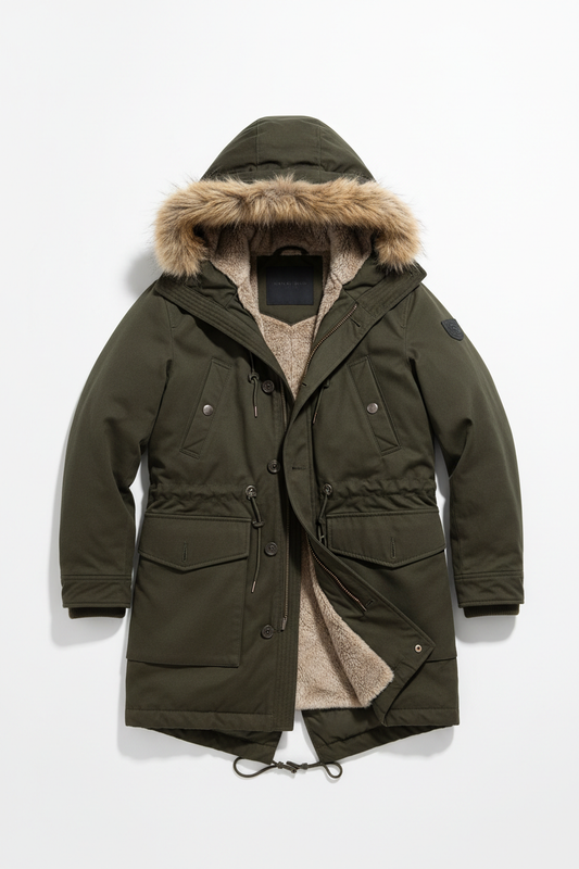 Dark olive military parka coat on white background, no model