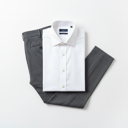 Charcoal slim fit pants and white dress shirt premium flat lay