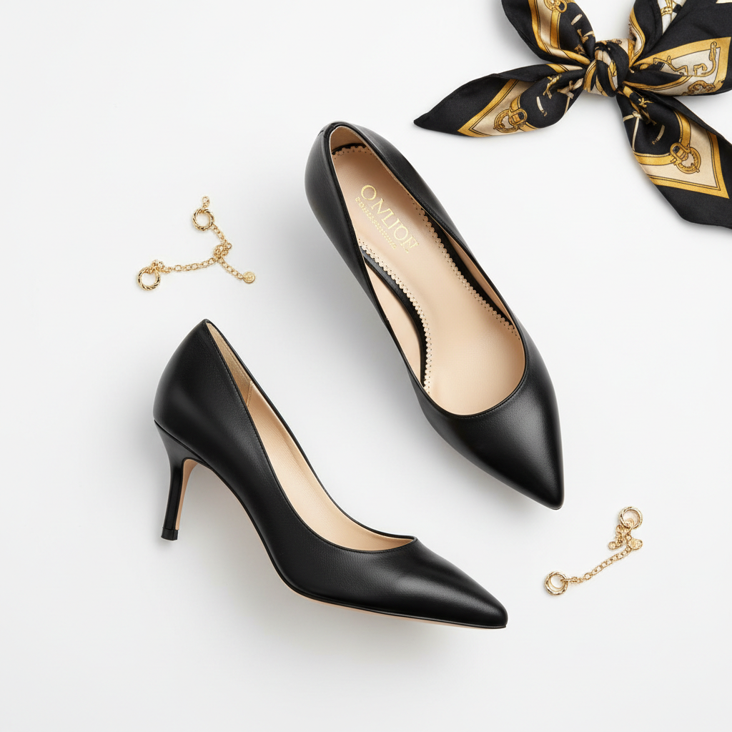 Black pointed-toe kitten heels on white background