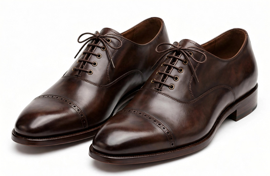 Dark brown Oxford brogue dress shoes pair on white background