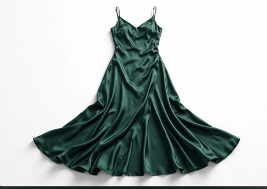 Emerald green silk slip dress flat lay on white background
