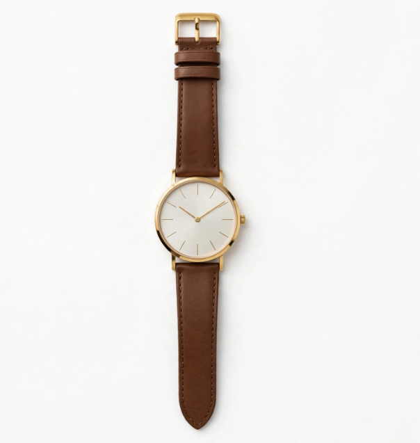 Gold minimalist dress watch with brown leather strap on white background