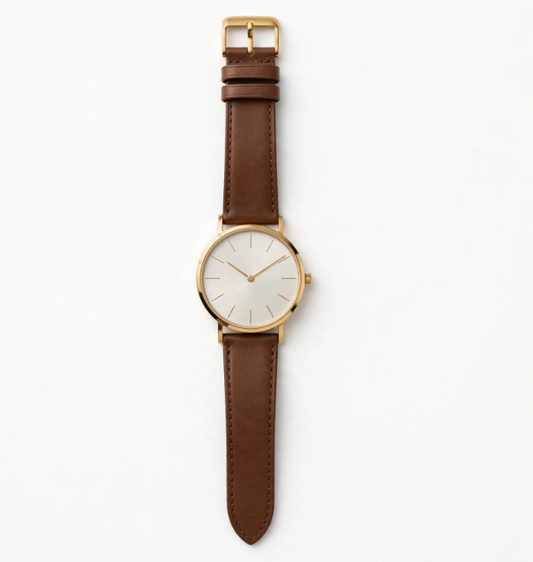Gold minimalist dress watch with brown leather strap on white background