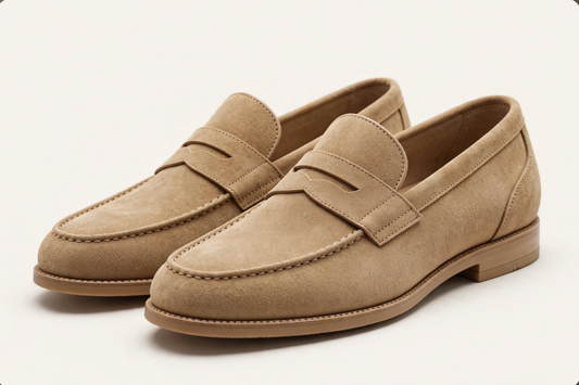 Tan suede penny loafers for men on white background