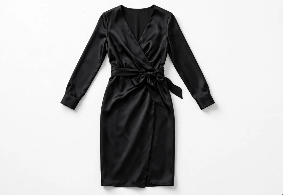 Midnight black satin wrap dress flat lay on white background