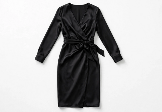 Midnight black satin wrap dress flat lay on white background