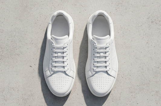 White leather minimalist sneakers top-down view on concrete background