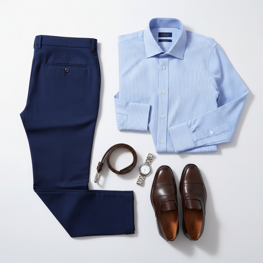 Navy slim fit pants and blue pinstripe shirt premium flat lay