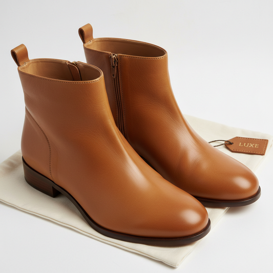 Camel leather ankle boots on white background
