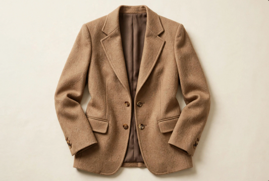 Camel wool blazer flat lay on cream background