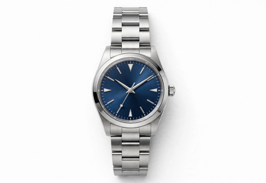 Classic silver steel watch with deep blue dial on white background