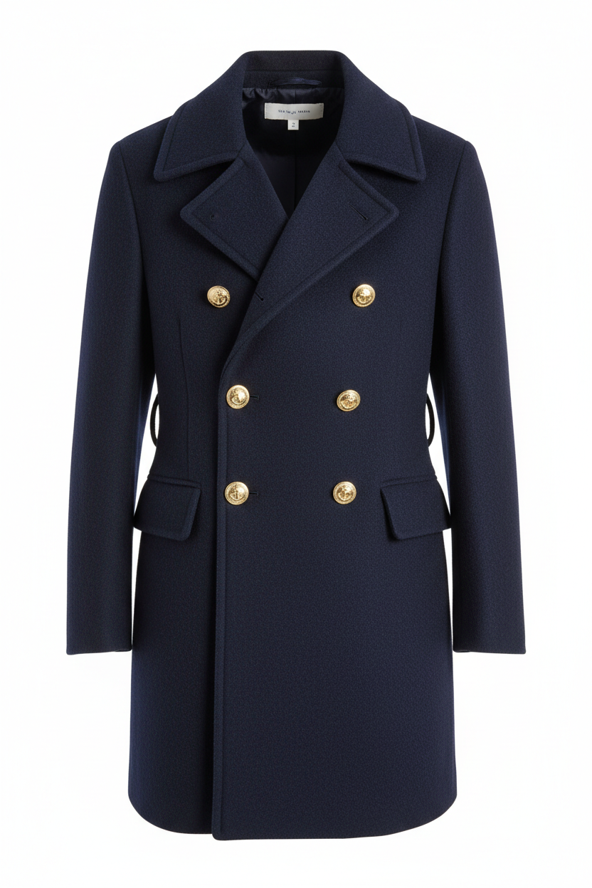 Navy blue double-breasted peacoat on white background, no model