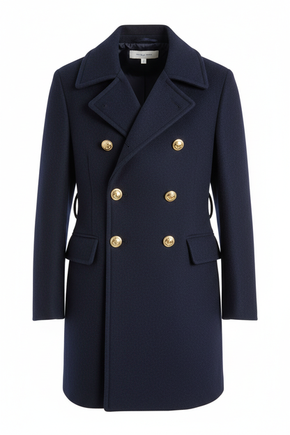 Navy blue double-breasted peacoat on white background, no model