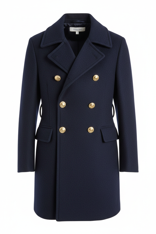 Navy blue double-breasted peacoat on white background, no model