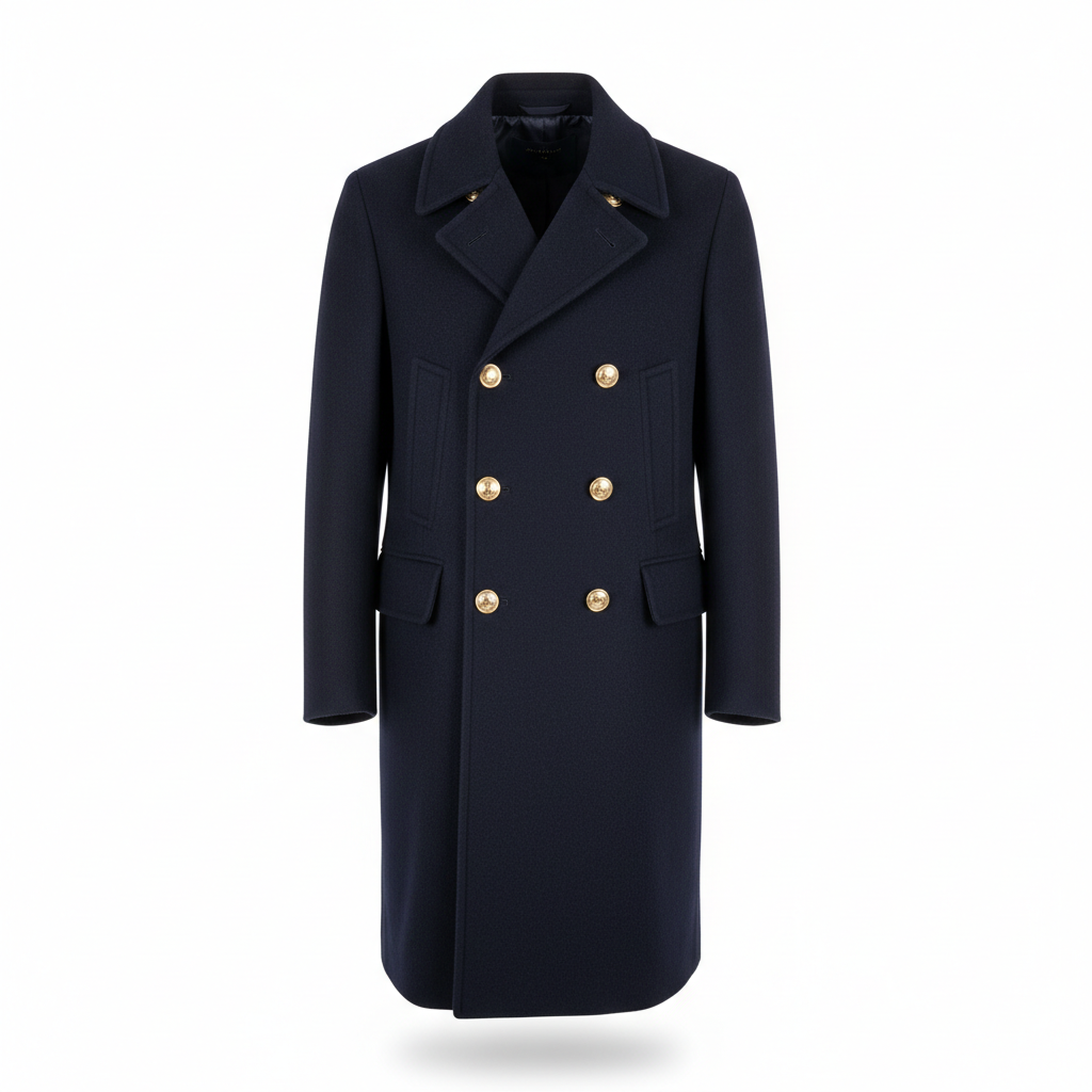 Navy blue double-breasted peacoat full view on white background, no model