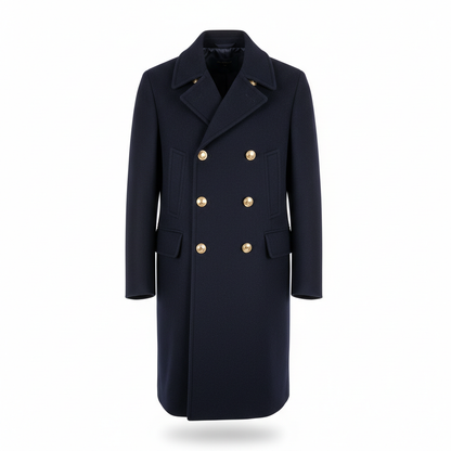 Navy blue double-breasted peacoat full view on white background, no model
