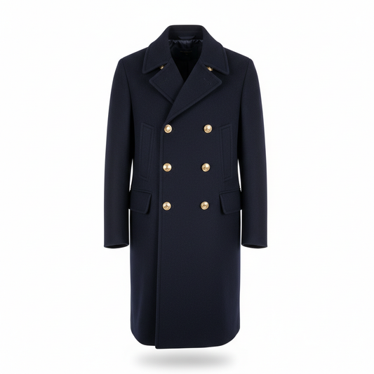 Navy blue double-breasted peacoat full view on white background, no model