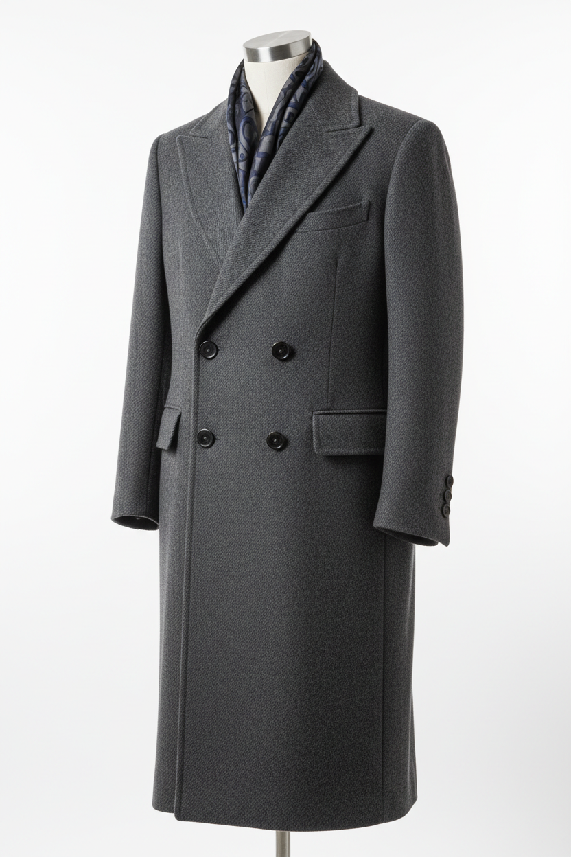 Charcoal grey wool overcoat on white background, no model