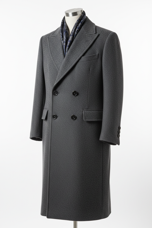 Charcoal grey wool overcoat on white background, no model