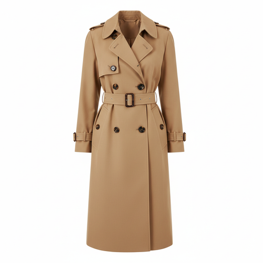 Camel classic trench coat full view on white background, no model